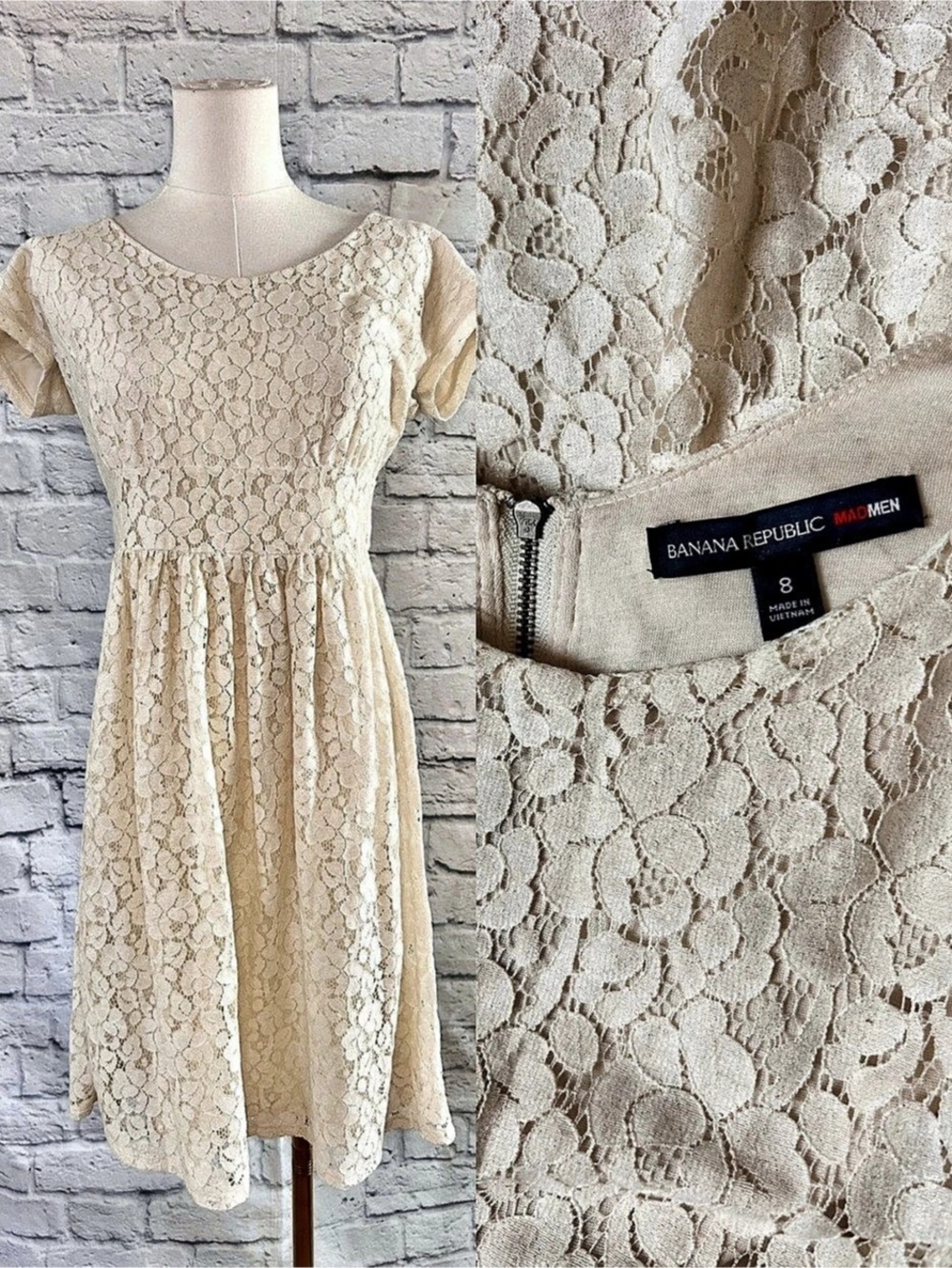 Banana Republic Cream Lace Mini Dress Fall Winter White Metallic Gold Sheen l